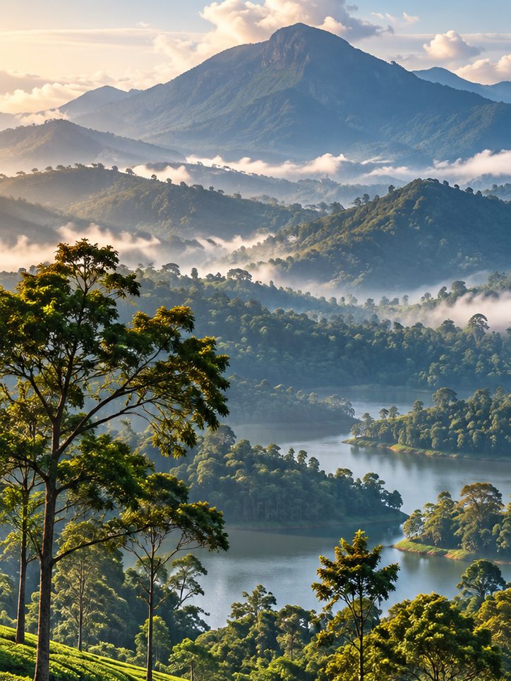 Tea terraces above a lake in Sri Lanka's hill country