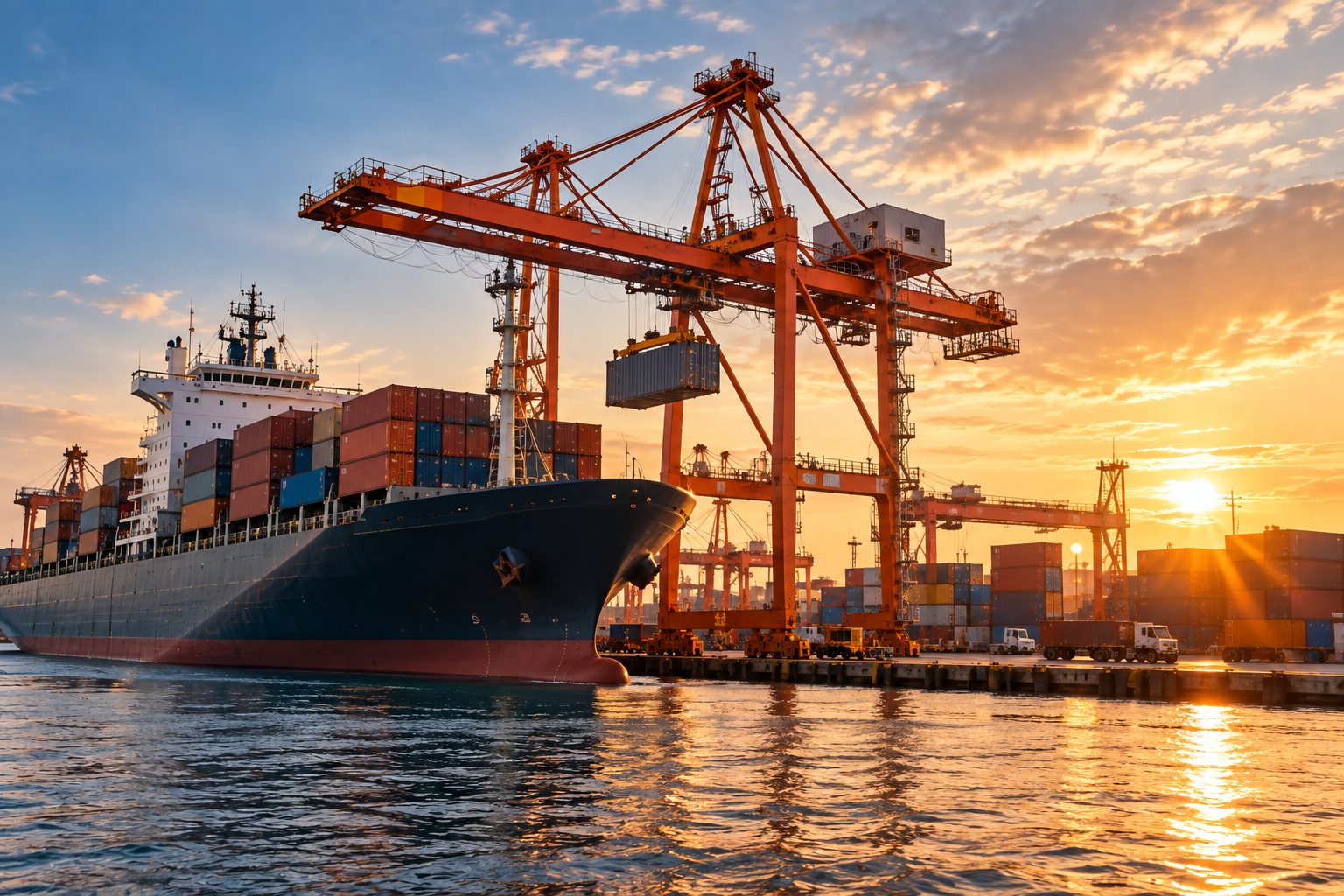 A container ship being loaded by gantry cranes at a port at sunset