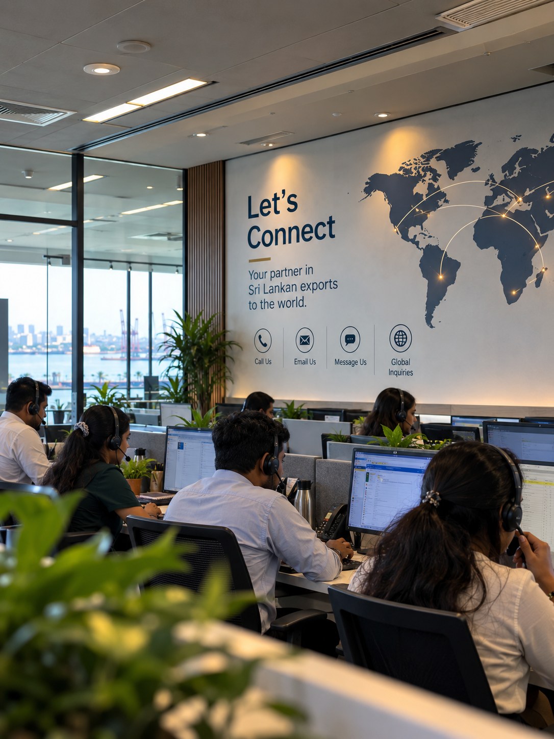 An office overlooking a port, with a world map of trade routes on the wall