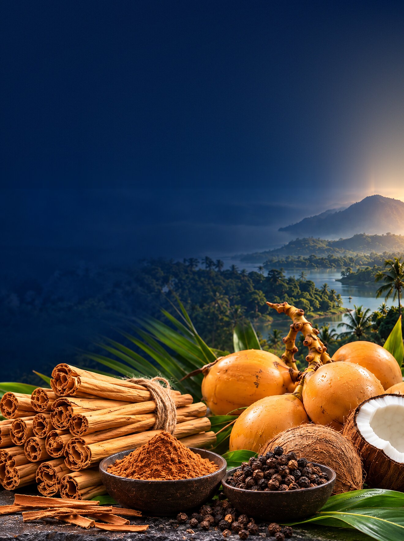 Ceylon cinnamon quills and powder, black pepper, king coconuts and a coconut in front of Sri Lankan hills