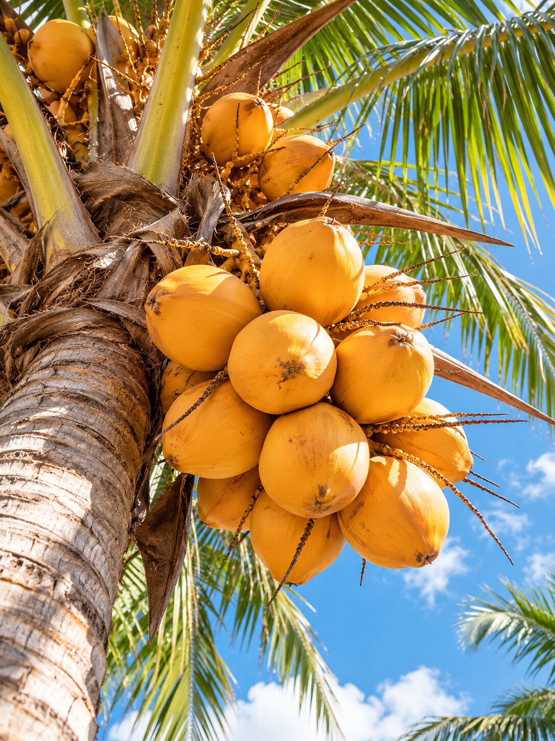 A bunch of golden king coconuts on the palm
