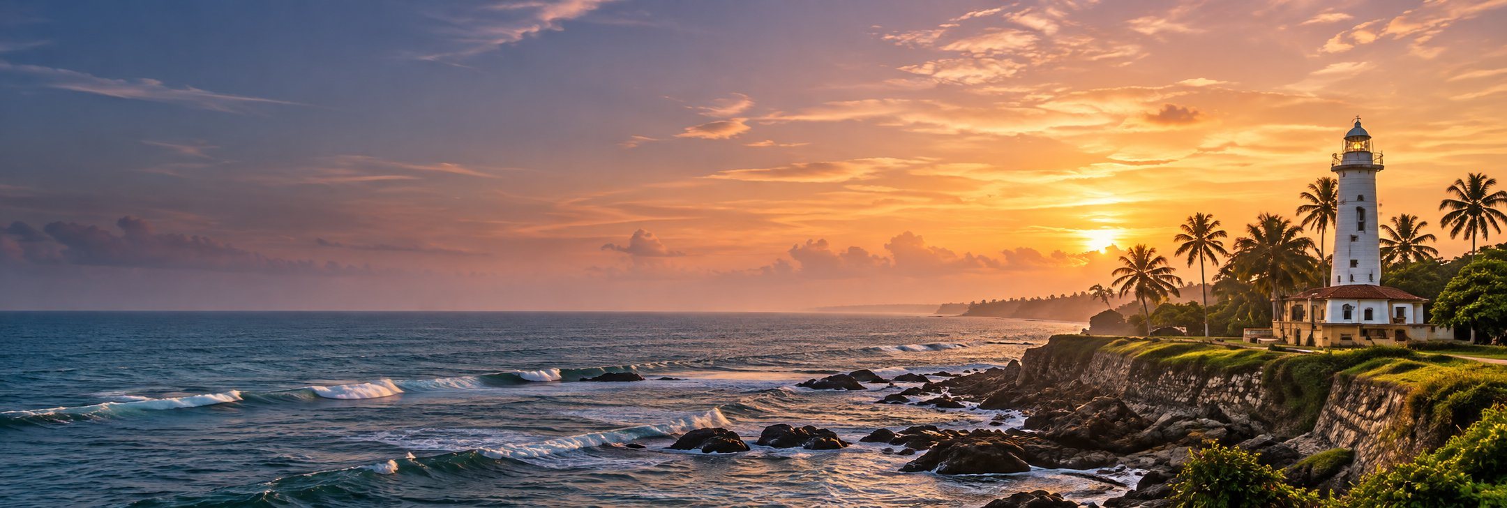 Lighthouse and palm trees on a rocky coast at sunset