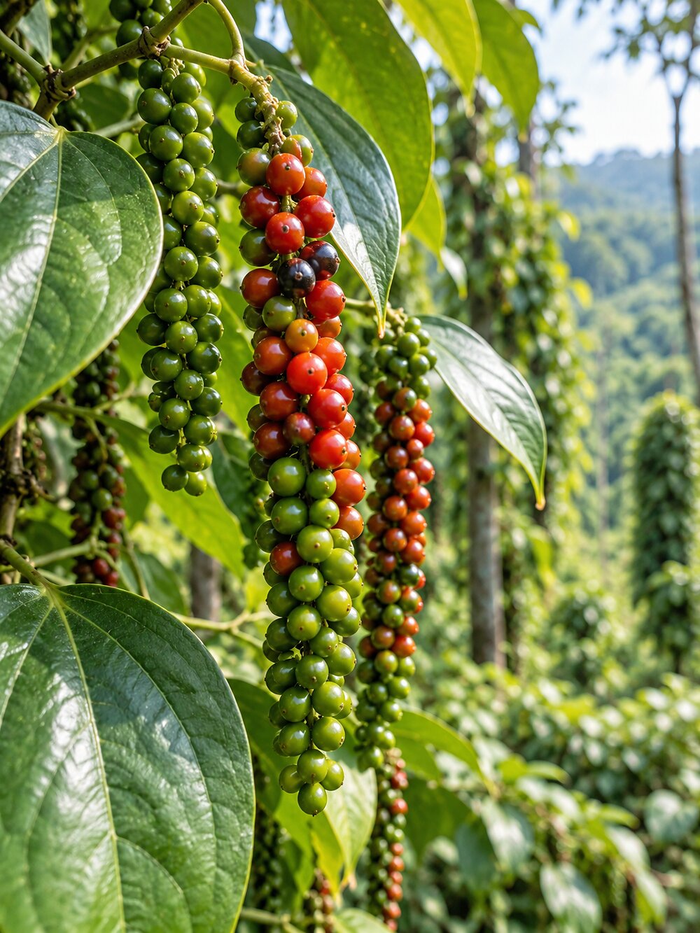 Ripening black pepper spikes on the vine