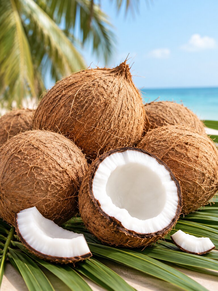 Whole and halved coconuts on palm leaves