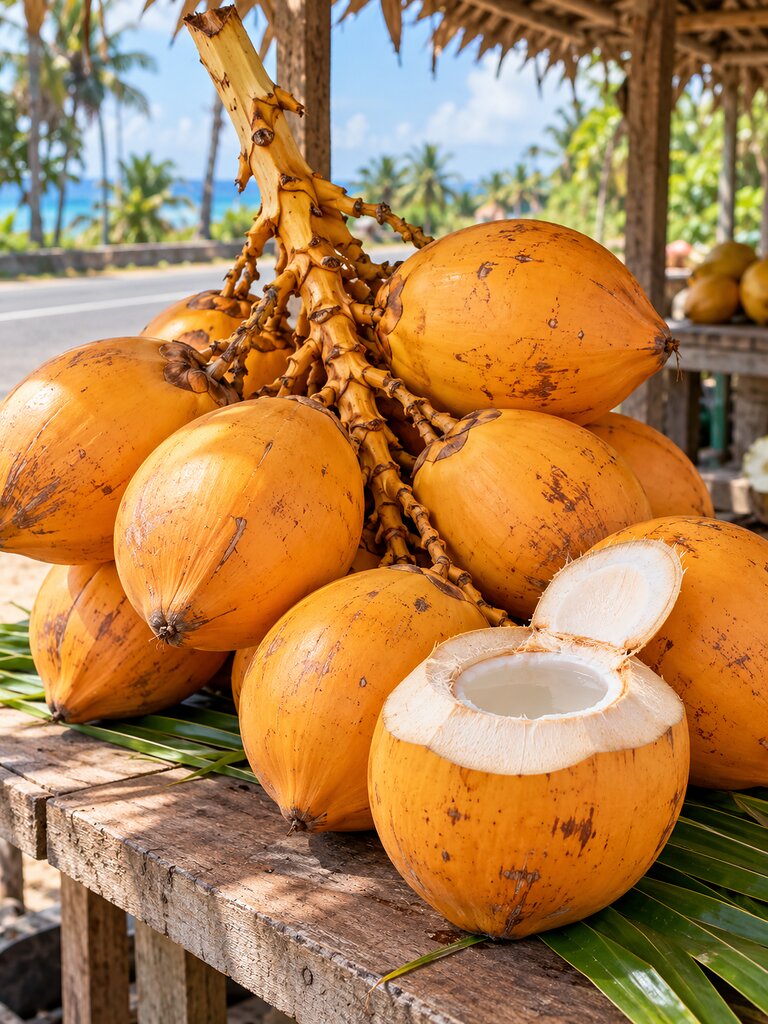 Golden king coconuts, one cut open
